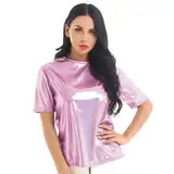 Damen-T-Shirt-Oberteil Mit Rollkragen, Glänzend, Einfarbig, Kurzärmelig Weihnachtsbluse Silvester Oberteil Damen Karnevals-Shirt Für Damen