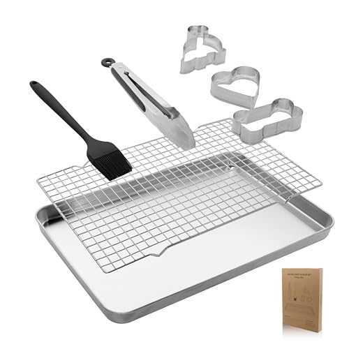 PanPacific Edelstahl Backblech- und Grillrost-Set, 15.25 x 10.37 Zoll, Hochwertige Materialien, tiefe Seiten, rollrand, separates Grillrost und zusätzliches Zubehör