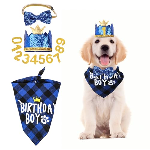 WLLHYF Hunde-Geburtstagsparty-Zubehör niedliches Hunde-Geburtstags-Bandana-Set mit niedlicher Hunde-Fliege Hunde-Geburtstags-Kronenhut mit Zahlen für kleine mittelgroße und große Hunde