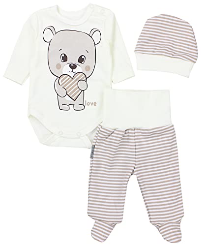 TupTam Baby Mädchen Jungen Bekleidungsset Langarmbody Hose Mütze mit Aufdruck Spruch 3 teilig, Farbe: Love Teddy/Streifen Beige Ecru, Größe: 50