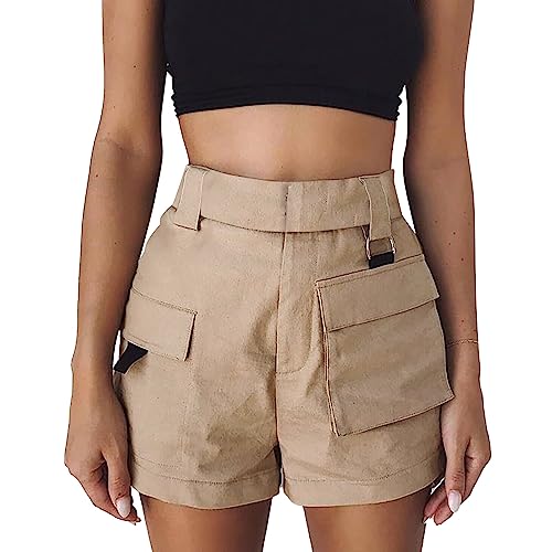 Lässige Damenhose 2024, modische Hose, hohe Taille, lässig, bequem, Shorts mit Taschen, leichte Sommerhose für Damen, khaki, L