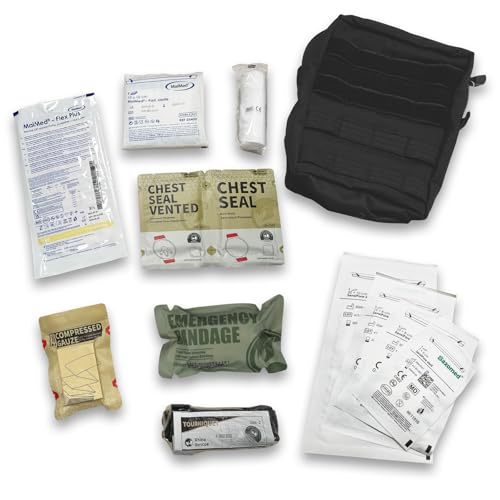 IFAK gefüllt Erste Hilfe Set Outdoor - Molle Tasche mit Israeli Bandage, Tourniquet, Chest Seal, Sterile Kompressen, Fixierbinde, sterile OP-Handschuhe - Trauma Kit Notfall Militär Ausrüstung