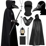 Pestdoktor Kostüm - 10 Pcs Plague Doctor Costume Pest Doktor Kostüm Herren Maske Steampunk Pestarzt mit Kapuze, Halloween Karneval Horror Outfits Erwachsene, Kreuz-Halskette Zepter