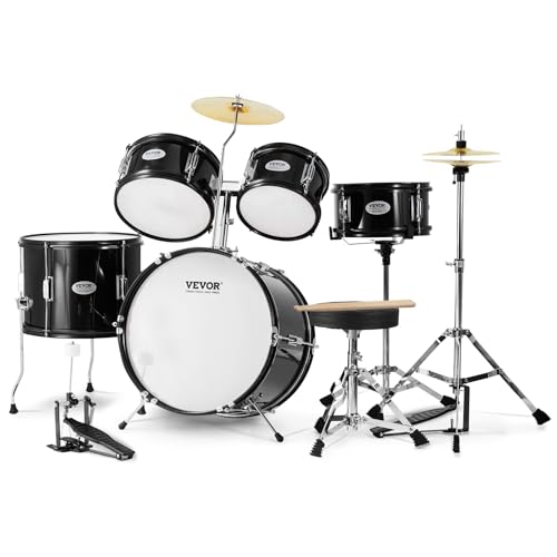 VEVOR Schlagzeugset für Kinder, 5-teilig, Anfänger-Schlagzeugset mit Bass-Toms, Snare, Standtrommel, verstellbarem Thron-Becken, Hi-Hat-Pedal und Zwei Paar Drumsticks, für Kinder, schwarz