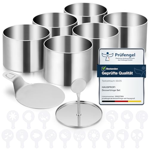 HAUSPROFI Dessertringe Set 8er Premium Edelstahl Speiseringe (Ø7.5cm) mit Deckel & Basis, Nahtlose Mousse Form, 16 Schablonen - Profi Tortenring für Backen, Dessert,Mousse & Anrichten