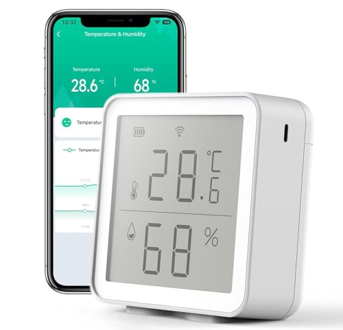 Smart WLAN Thermometer Hygrometer,Innentemperatur-Feuchtigkeitssensor, App-Benachrichtigungsalarm, kostenloser Datenspeicherexport, digitaler Fernmonitor für Schlafzimmer, Weinkeller