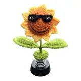Handgefertigte Gestrickte Sonnenblumen Blume Auto Deko Wackelfigur Auto Sonnenbrille lächelnde Sonnenblume Heim Büro Armaturenbrett Dekoration Zubehör Auto Deko Innenraum für Frauen und Mädchen
