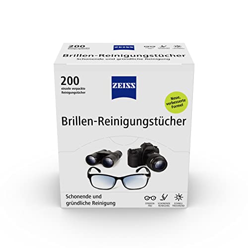 ZEISS Brillen-Reinigungstücher mit Alkohol 200 Stück zur schonenden & gründlichen Reinigung Ihrer Brillengläser - jedes Tuch einzeln verpackt - ideal für unterwegs oder auf Reisen