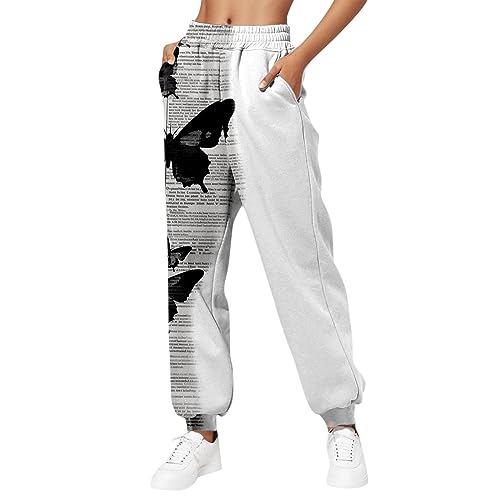 QWUVEDS Damen Sporthose Jogginghose Laufhosen Gummibund Sweathose mit Taschen Stoffhose Lange Yoga Hosen Sweathose mit Taschen High Waist Bequeme Lockere Freizeithose Fitness Loungewear M,C08-Grey