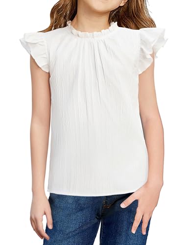 Arshiner Mädchen Sommer Tshirt Weißes A-Linie Bluse Fliegende Ärmel Shirt Kinder Einfarbig Chiffon Oberteile Mode Rundhals Tops Kinderkleidung 130/7-8 Jahre
