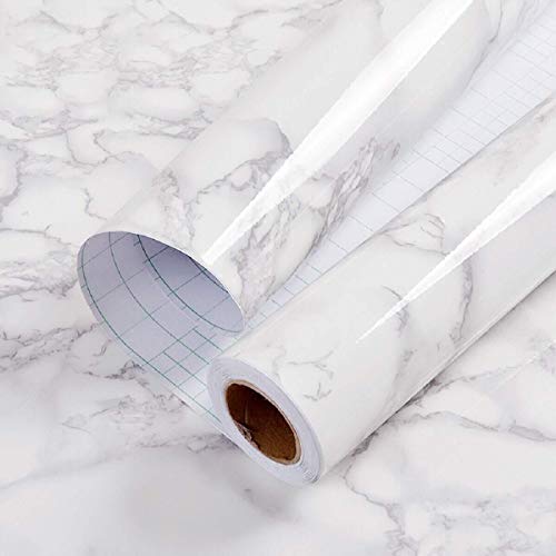 Hode Marmor Folie für Möbel Klebefolie Weiß Küche Marmoroptik, Möbelfolie Wandfolie Selbstklebend Mamorfolie, Weiss Hochglanz PVC Fensterbank Innen 30x200cm
