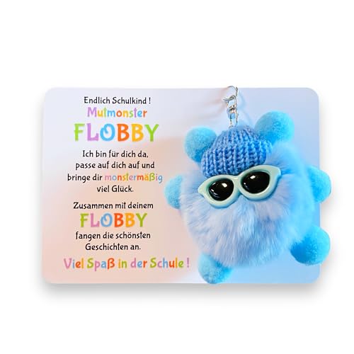 Endlich Schulkind! Mut-Monster FLOBBY, Geschenk Einschulung, Glücksbringer, Mutmacher, Schultüte, Lernhelfer, Anhänger Mäppchen oder Ranzen (Blau)