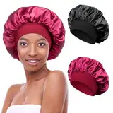 Kiiwah 2 Stück Schlafmütze Satin Bonnet Nacht Schlaf Mütze Verstellbare Schlafkappe Kopfbedeckung Weiche Kopfhaube Schlafhaube Seide mit Gummizug für Damen und Mädchen (Schwarz, Rot)