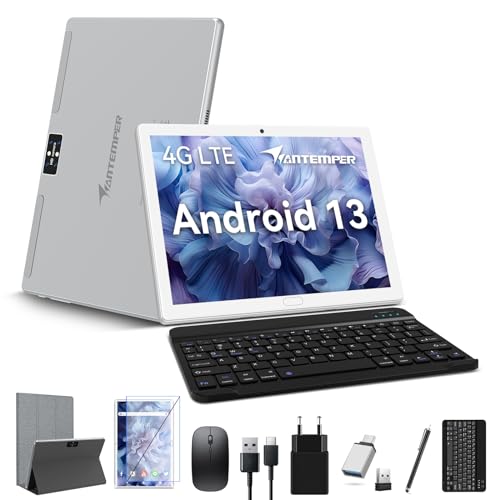 2024 Neueste Tablet 10 Zoll 4G LTE( Dual SIM Karten Slot) 2.4G WiFi, Android 13 Tablets, Octa-Core 4GB RAM 64GB ROM (TF 512GB), 13MP Kamera, GMS 2 in 1 Tablet PC mit Tastatur Stift und Hülle, Silber