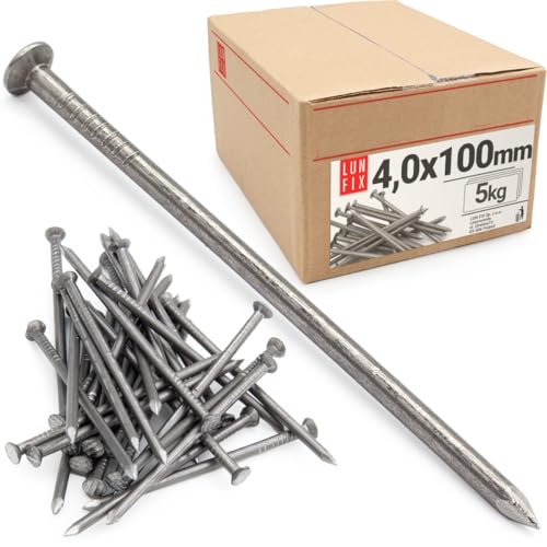 Lun Fix Drahtstifte 4,0 x 100 mm - 5kg (490 stück) Holznägel für Bauarbeiten Unverzinkter Baunägel Stahlnägel 100mm lang blank Nägel Senkkopf