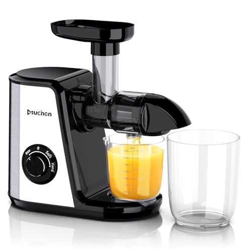 Muchen Slow Juicer Entsafter Gemüse und Obst Testsieger 150W Leiser Motor, Rückwärtszerkleinerung, Einfache Reinigung, Edelstahl Design in Schwarz & Silber, inkl. Rezeptbuch