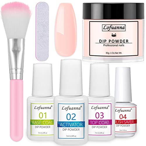 Lofuanna Dip Pulver Nagel Starter Kit,Nackt Dipping Powder mit Base/Top Coat/Activator/Brush Saver Dip Puder System,Keine Nagellampe Erforderlich,French Dip Powder für DIY Dip Maniküre Set