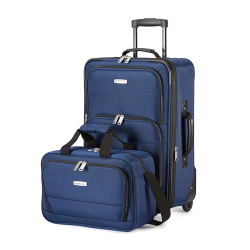 Amazon Basics 2-Teiliges Weichschalen-Koffer-Set, Erweiterbares Handgepäck (58 cm) und Tragetasche (25 cm), Leicht, 100% Polyester, Stapelbares Set, Marineblau