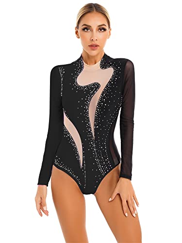 iEFiEL Damen Glitzer Turnanzug Mit Strass Tanzbody Einteiler Tanzanzug Sportlich Leotard Ballett Trikotanzug Wettbewerb Tanzkostüm Schwarz M