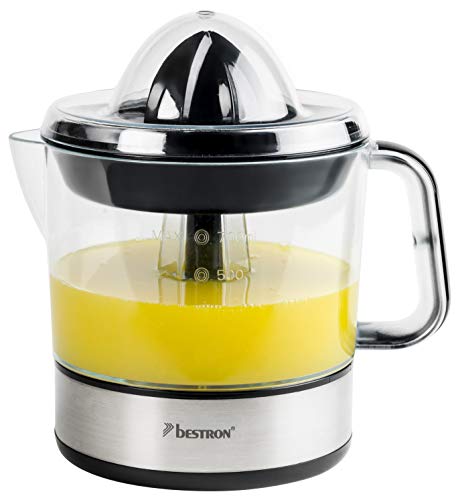 Bestron elektrische Zitrus- & Orangenpresse, inkl. 2 Presskegel und Aromadeckel, Motor mit zwei Drehrichtungen (links/rechts), Füllmenge: 0.7 Liter, 40 Watt, Farbe: Silber, ACJ350Z