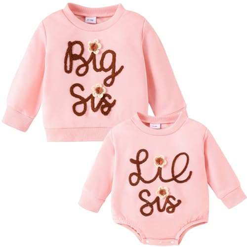 Große Schwester Kleine Schwester Passende Outfits Großes Schwesterchen Pullover Sweatshirt Lil Sis Strampler mit langen Ärmeln für Mädchen Baby (0-3M, Pink Lil Sis, 1)
