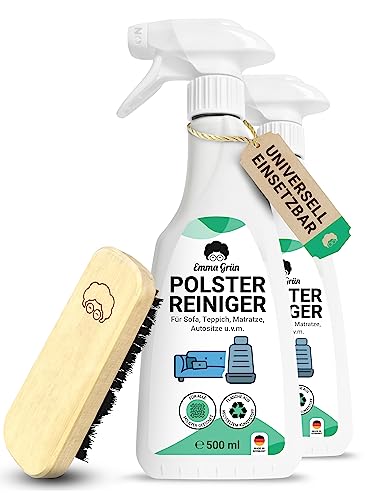 Emma Grün® Polsterreiniger für Sofa, Couch & Autositze 2x500ml [inkl. Polsterbürste] - Nachhaltig & Anti Geruch - Couch & Sofa Reiniger - Auto Innenraum Reiniger - Polsterreinigung Autositze, Sofa