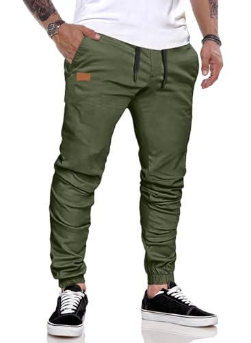 JMIERR Herren Hose Chino Cargo Hose Jogginghose Herren Baumwolle Sporthose Casual Freizeithose Elastische Taille mit Kordelzug Sweatpants Herren mit Taschen, Grün XL