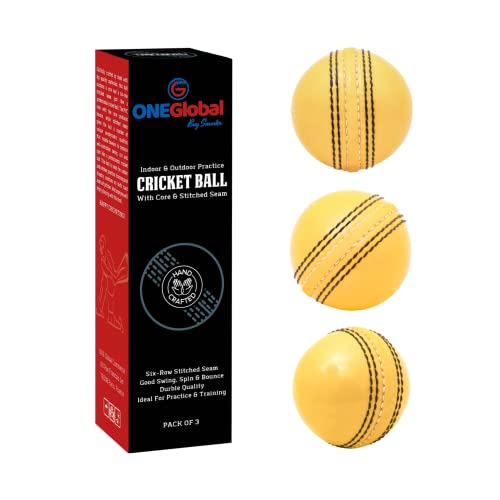 ONEGlobal Soft & Safe Practice Cricket Ball | Weicher & Sicherer Gummi-Cricketball zum Üben | Mit Echter Naht & Kern für Hüpfen & Schwingen | Ideal für Selbstvertrauen & Streichhölzer (3-Gelb)