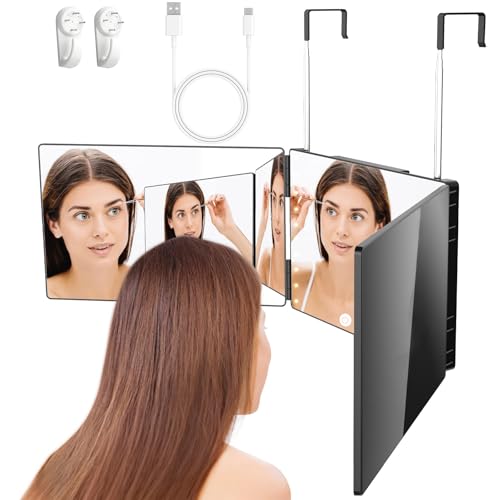 Vautvis 360 Grad Spiegel, Kosmetikspiegel Mit Beleuchtung, Make Up Spiegel, Spiegel Mit Haken, Klappspiegel, Rasierspiegel, Friseurspiegel, Haare Selbst Schneiden, Haare Selber Schneiden