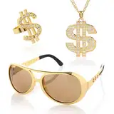 KarneLux Dollar Accessoires 3er Set - 80er Jahre Herren Gangster Hip Hop Zubehör - Brille, Ring und Sonnebrille für Fasching oder Karneval