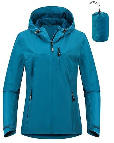 Outdoor Ventures Damen Regenjacke 10000MM Wasserdicht Leichte Gefüttert Packbar Sportjacke Funktionsjacke Atmungsaktiv Fahrrad Jacke mit Kapuze Blau L