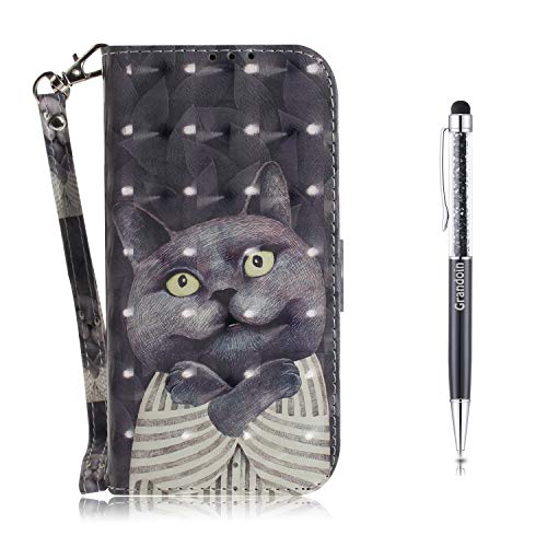 Grandoin Kompatibel mit Huawei P Smart 2021 / Y7A Hülle, 3D PU Leder Etui Flip Cover Muster Book Case Schutzhülle Handytasche Handyhülle [Ständer Kartenfach] [Magnetverschluss] (Graue Katze)