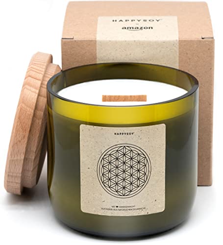 HAPPYSOY Duftkerze No. 4, 450g Sojawachs in hochwertig recyceltem Weinglas - mit Holzdeckel, Holzdocht - nachhaltiges Geschenk - brennt 90-100 Std - Blume des Lebens