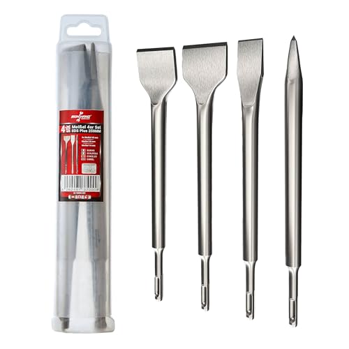 Ironhand Germany - 4er Set SDS Plus Meißel Set - 2x Fliesenmeißel 1x Flachmeißel 1x Spitzmeißel - geeignet für Fliesen, Putz, Beton, Stein - robust, langlebig - in praktischer Verpackung
