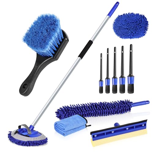 MAXVINI Auto Waschen Set, 160CM Autowaschbürste mit Stiel, Radbürste, Detailing-Bürste, Mikrofaser-Staubwedel, Windschutzscheiben-Abzieher und Trockentücher - Komplettset für Auto, Wohnmobil, LKW
