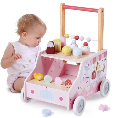labebe Lauflernwagen holz, Holzspielzeug-Eiswagen für Kinder, Eiscreme laufhilfe für baby ab 6 monate
