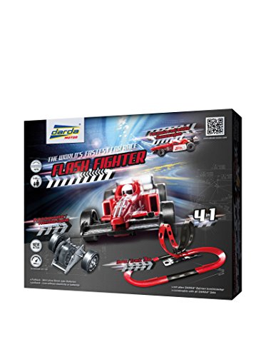 Darda 50241 - Darda Rennbahn Flash Fighter, Fahrbahnlänge ca. 3 m, mit 2 Loopings, 18 Elementen und Darda Auto roter Rennwagen, Rennauto Spielset für Kinder ab 5 Jahre, 4 Aufbauvarianten