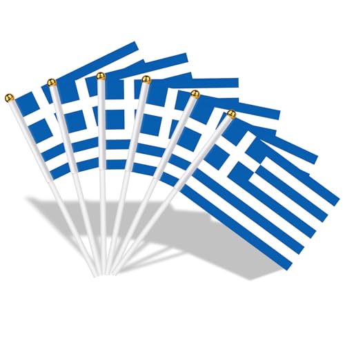 AhfuLife Klein Griechenland Flaggen für Griechenland Deko, 15 Stück Griechische Mini Handgehaltene Flaggen Fahne mit 30cm weißem Pole für 25. März Nationaltag Party Zuhause Garten Bar Dekoration