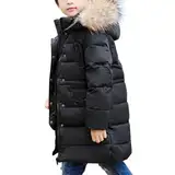 MEILONGER Jungen Mädchen Winterjacke Puffer Daunenjacke Kinder Skijacke Kapuzen Daunenmantel Dicke Dchneeanzug Oberbekleidung Winddicht und Wasserdicht(Schwarz,152-158)