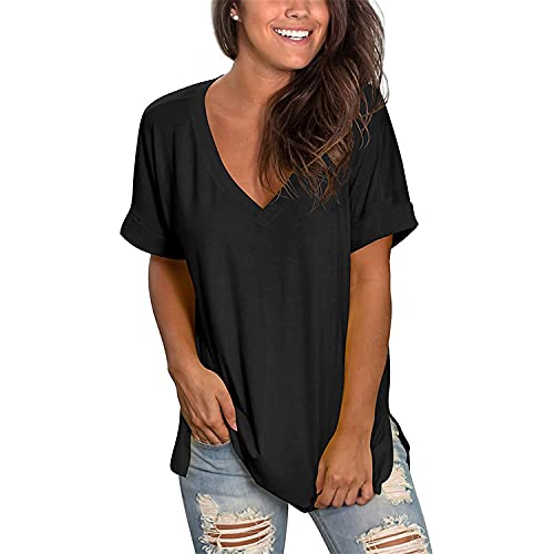 Klassische Damen-T-Shirts Mit V-Ausschnitt, Sommeroberteile, Blumen-Kurzarm-T-Shirts, LäSsige, Locker Sitzende Blusen-Oberteile (S,Schwarz 4)