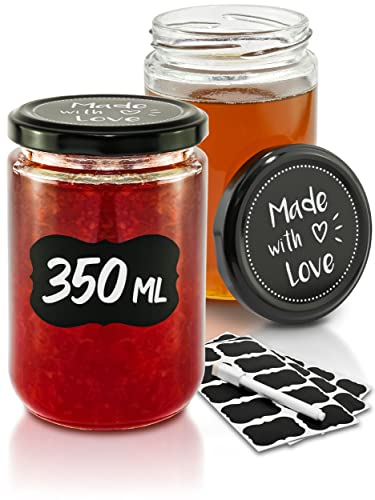 Praknu 12 Einmachgläser mit Deckel 350ml - Mit Etiketten & Stift - Luftdicht - Spülmaschinenfest - Ideal zum Verschenken