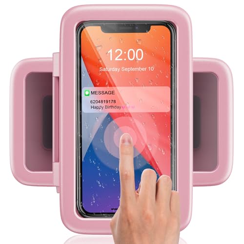 Dusch-Handyhalterung, wasserdicht, um 480 ° drehbar, HD-Touchscreen-Wandhalterung, bis zu 17,3 cm (6,8 Zoll), für iPhone 11, 12 Pro, XR, XS, Max, Samsung Galaxy S21, romantisches Rosa