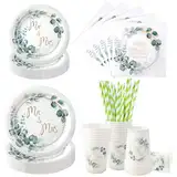 Aitsite 100 Stück Pappteller Hochzeit Set, Eukalyptus Partyteller Grün Einweggeschirr mit Teller Servietten Strohhalmen und Bechern für Geburtstag Hochzeiten Baby Shower Deko Jubiläums