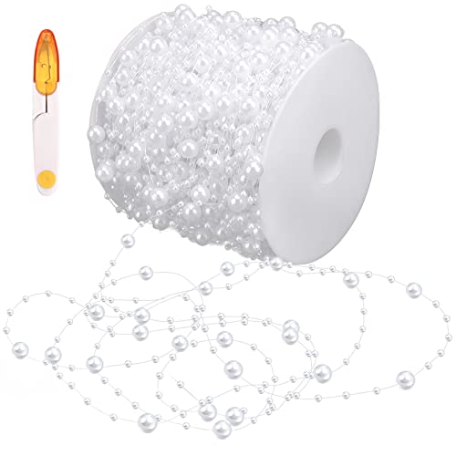 Perlenband 60M, Perlenkette Perlengirlande Weiß Kunstperlen Perlen mit Schere für DIY Handwerk Basteln Party Tischdeko Hochzeit (3mm 8mm Künstliche Perlenkette)