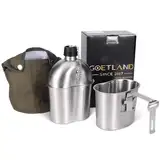 Goetland Edelstahl US Militär Feldflasche Set 1l mit 0,5l Becher Nylon Beutel Wasserflasche Kochtopf Campingbecher