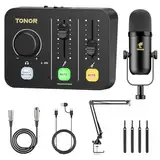 TONOR Podcast Mikrofon Set mit Audio Interface & Mikrofonarm, XLR Mikrofon, Kondensatormikrofone, Audio Mixer, Lautstärkeregler, 3D Stereoklang, für Recording, Podcasting, Streaming, POD-1