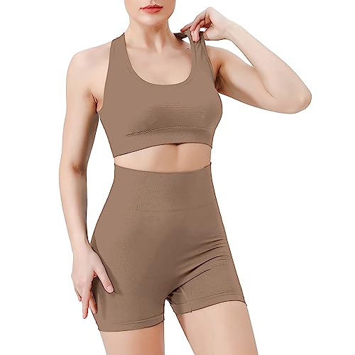 Yoga-Set für Damen und Mädchen, Sport-Set, Workout-Outfits für Damen, 2 nahtlose, gerippte Leggings mit hoher Taille, Sport-BH, Übungs-Set, Yogamatte und Schaumstoffroller-Set, khaki, One size