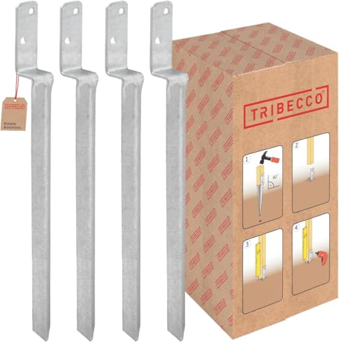 TRIBECCO Einschlag-Bodenhülse L-Form für Vierkant-Holzpfosten Abmessungen 40 x 530 mm L-Pfostenträger zum Einschlagen in den Boden universeller L-Stützenschuh aus Stahl feuerverzinkt (4, Silber)