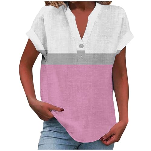 Leinenbluse Damen V-Ausschnitt Plus Größe S-5XL Einfarbig Kurzarm Baumwolle Leinen T-Shirt Elegant Tuniken Oversized Leinenshirt Button Down Hemdbluse Tunika 2025 Sommer Tops Damenmode Sale