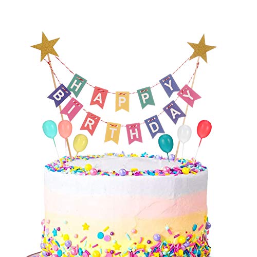 Phoetya Alles Gute zum Geburtstag Kuchen Topper Bunting Set, Regenbogen Kuchen Dekorationen mit 6 Stück Mini Bunte Ballon Cupcake Topper für Kinder Geburtstagsfeier liefert Dekoration